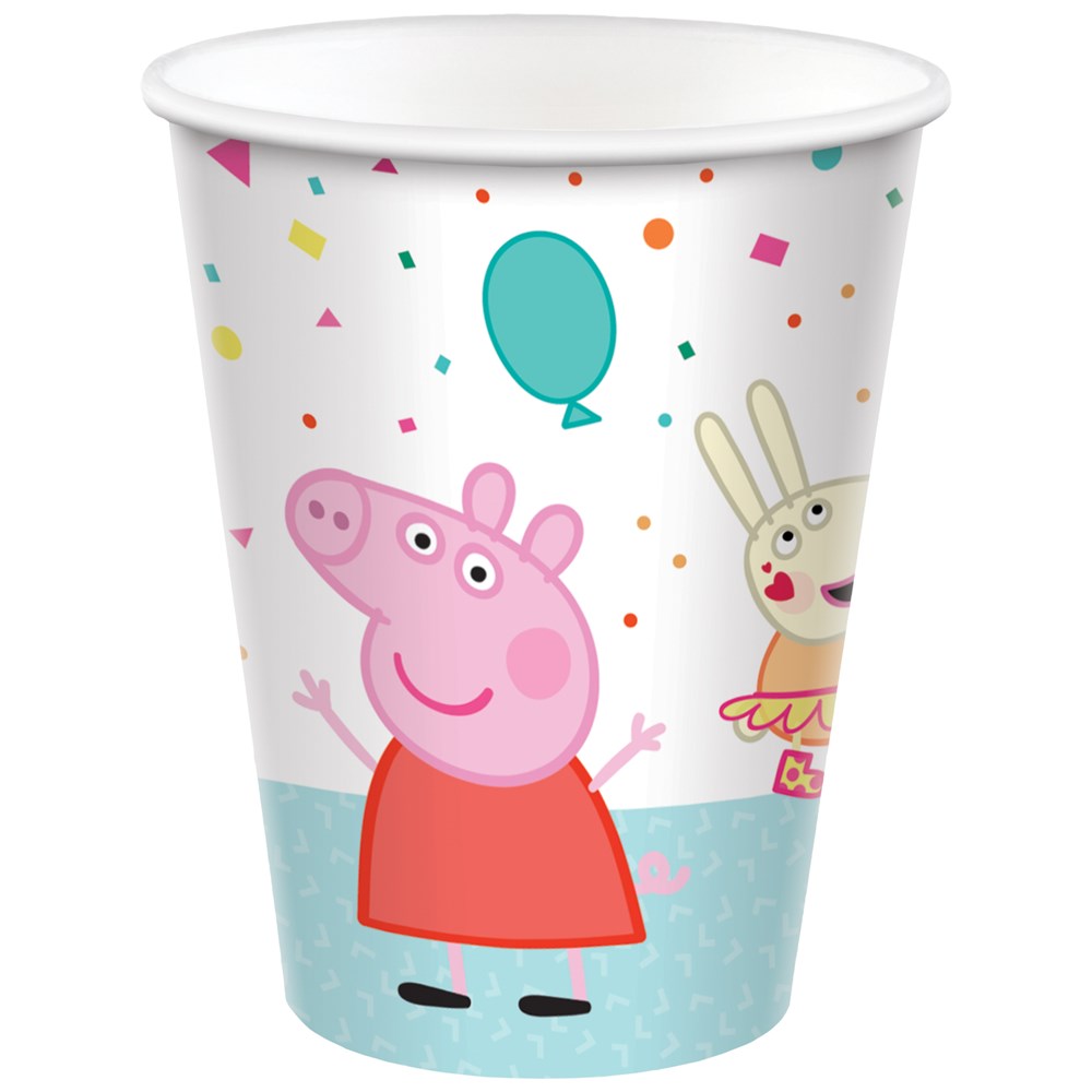 White paper cup with Peppa Pig and a bunny character, colorful confetti and balloon design.