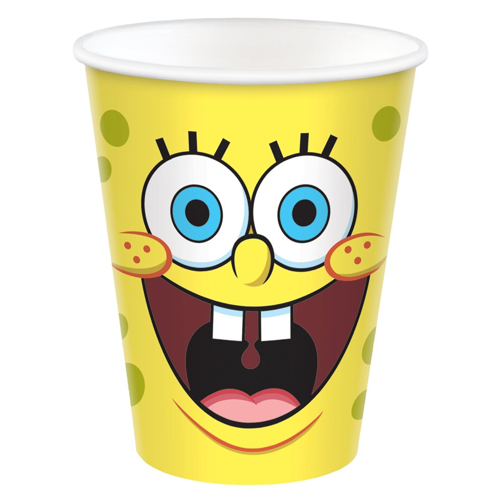 Yellow paper cup featuring a large, smiling SpongeBob SquarePants face with blue eyes and pink cheeks.