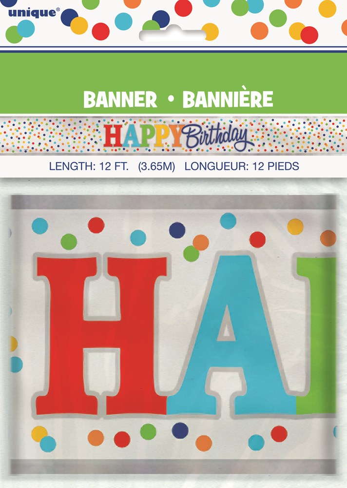 Colorful foil banner spelling "Happy Birthday" with large red, blue, and green letters and multicolor polka dots along edges.