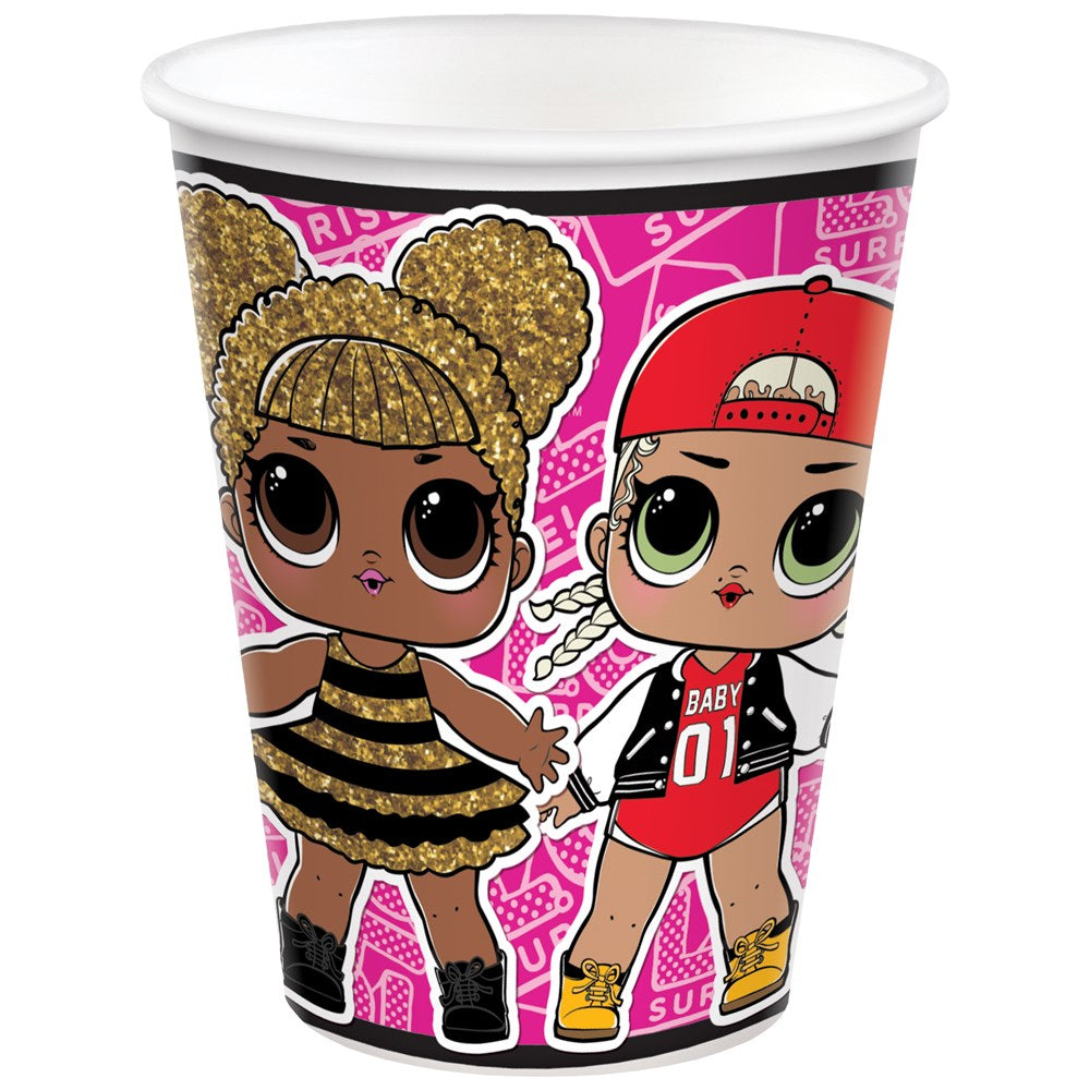 Plastic party cup with colorful LOL Surprise dolls, pink background, and playful graphics.