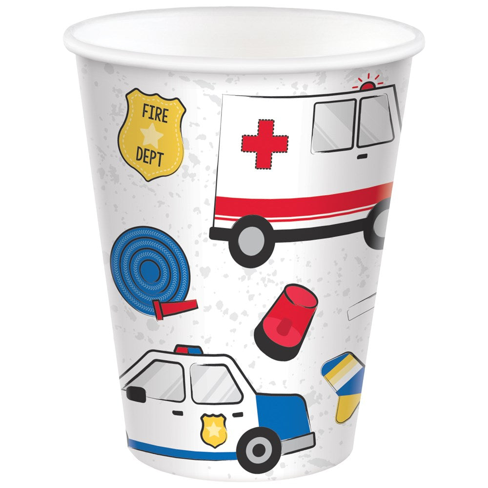 White 9oz paper cup with colorful first responder icons including fire truck, ambulance, police car, fire hose, and red.