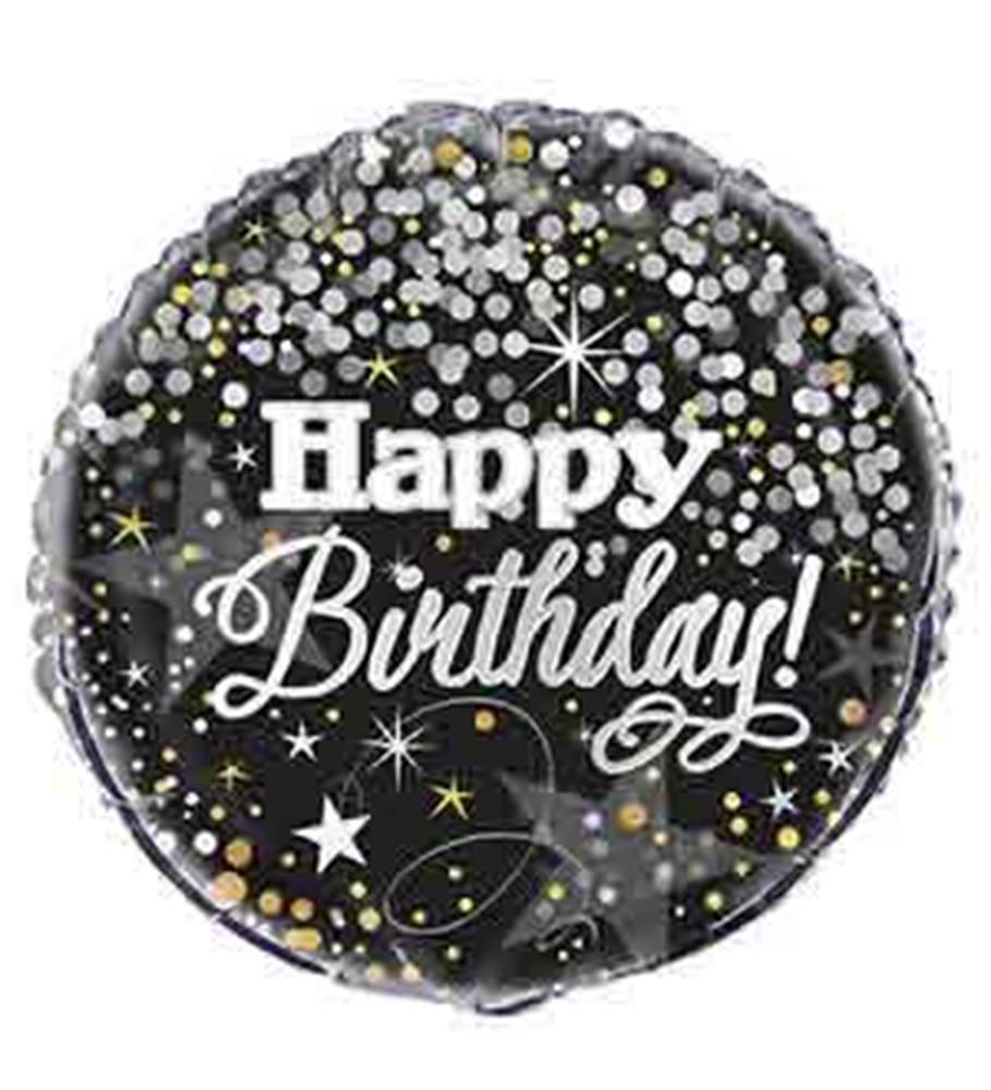 18-inch round black foil balloon with white "Happy Birthday!" text and silver, gold, and white glittering confetti design.