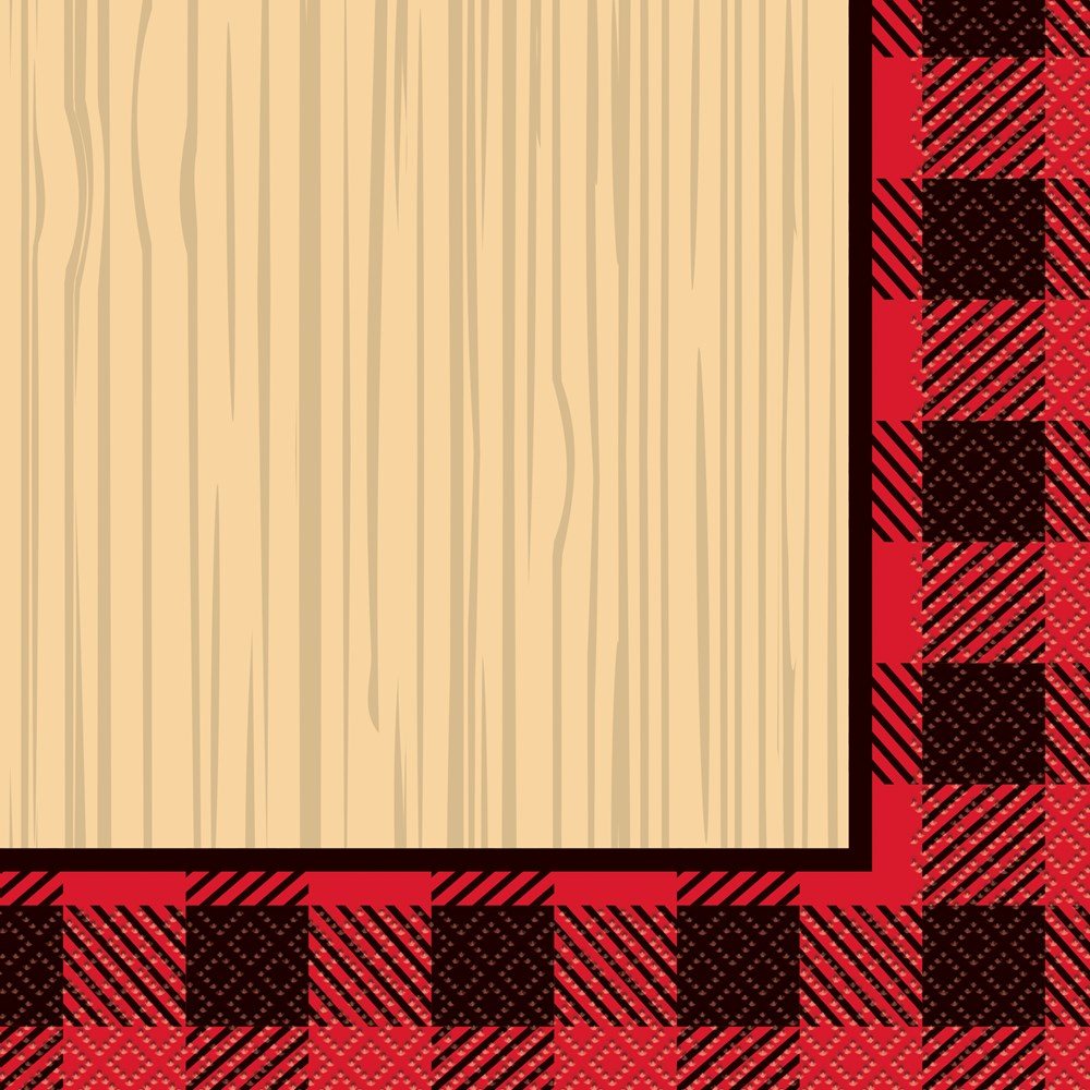 Square napkin with wood grain center and red and black buffalo plaid border.
