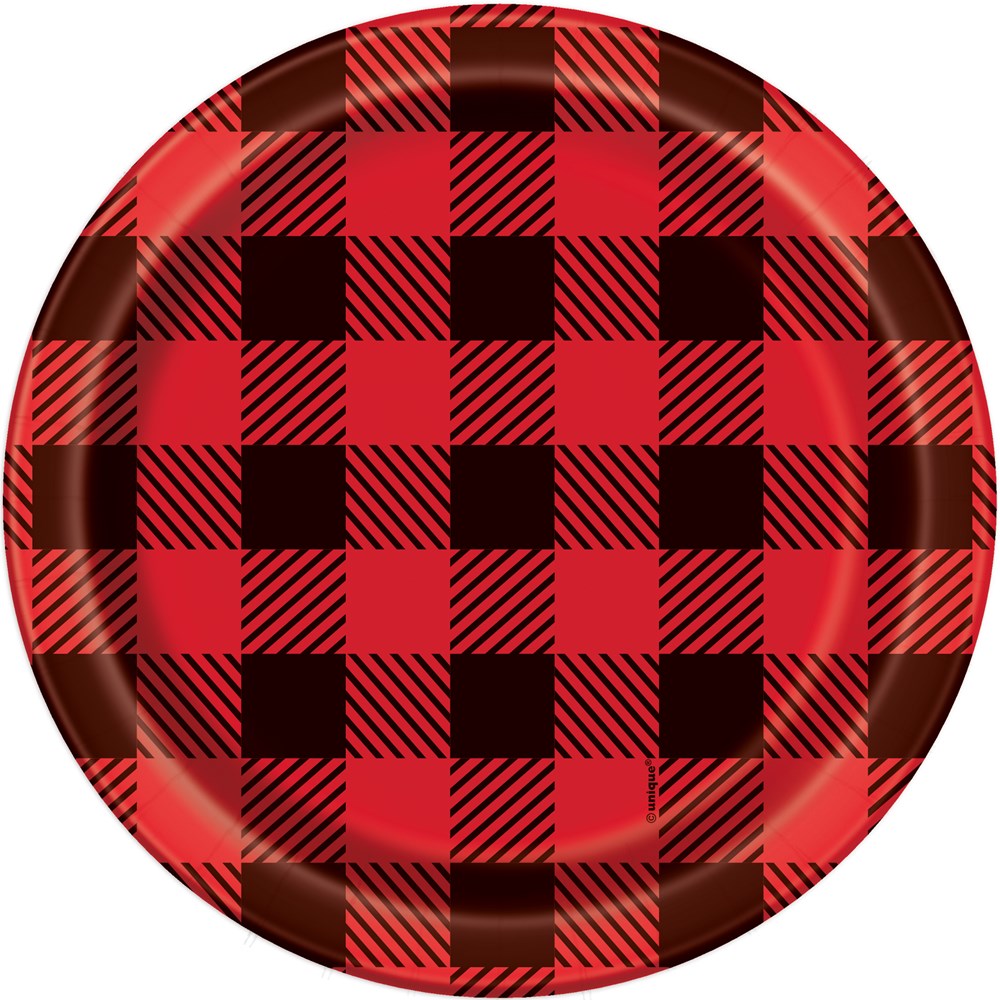 Round paper plates with red and black buffalo plaid pattern, 7-inch diameter, set of eight.