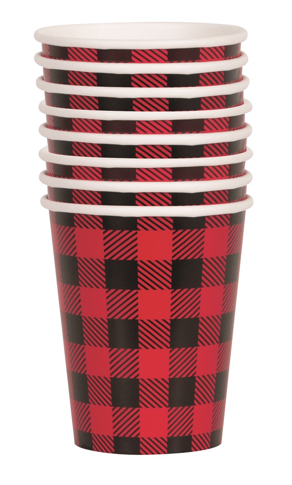 Stack of eight paper cups with red and black buffalo plaid pattern and white rims.