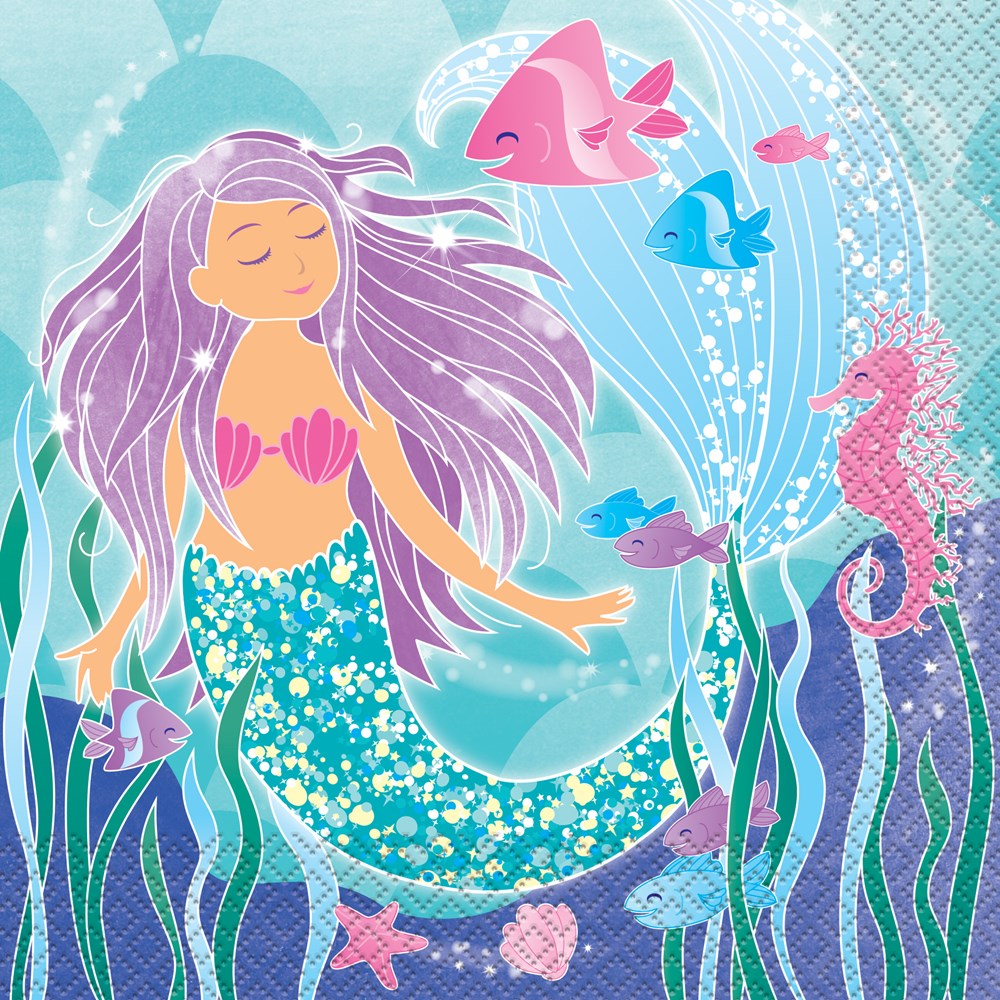 Stack of square paper napkins with a colorful mermaid design, featuring a purple-haired mermaid with a green scalloped tail,