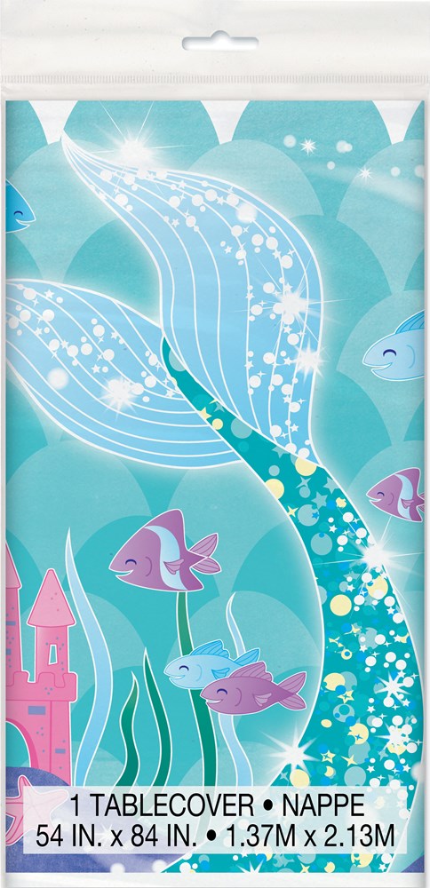 Blue rectangular plastic table cover with mermaid tail, pink fish, bubbles, and underwater castle designs.