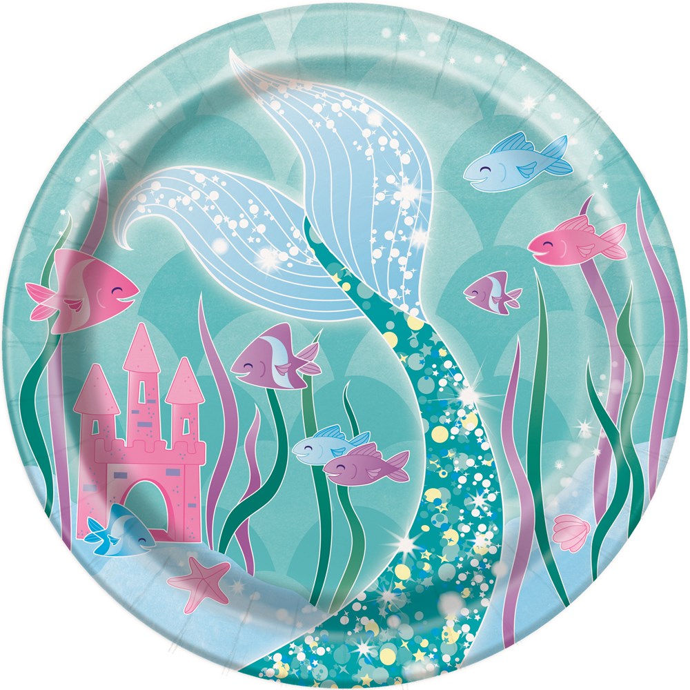 Round 7-inch paper dessert plate with blue mermaid tail, pink castle, fish, and underwater plants design.