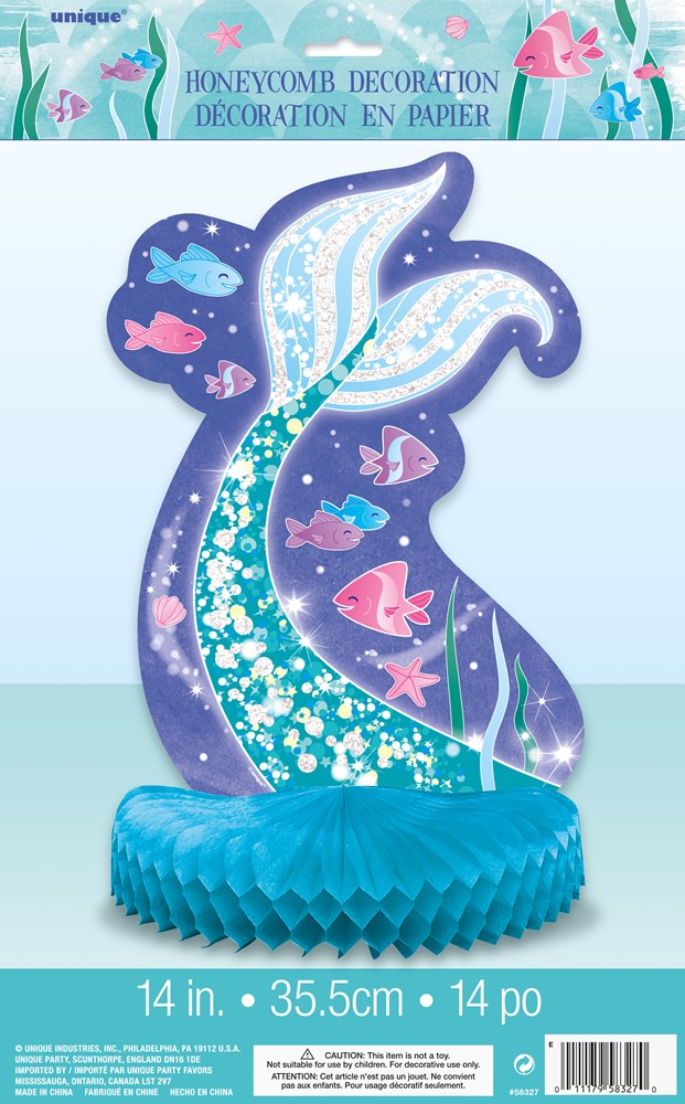 Purple and teal mermaid silhouette honeycomb centerpiece with pink fish and starfish accents, 14 inches tall.