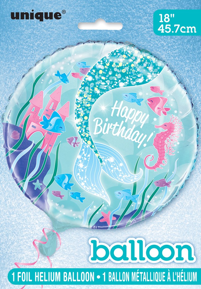 18-inch round foil balloon with mermaid tail, sea creatures, and "Happy Birthday" text in blue and pink tones.