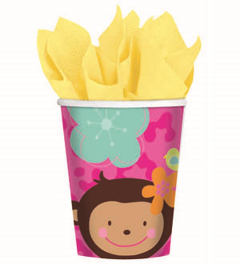 9oz pink cup with smiling monkey face and colorful flowers, filled with yellow tissue paper.