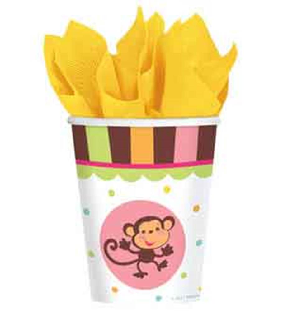 Stack of colorful disposable cups featuring a smiling monkey on a pink circle with polka dots and striped patterns.