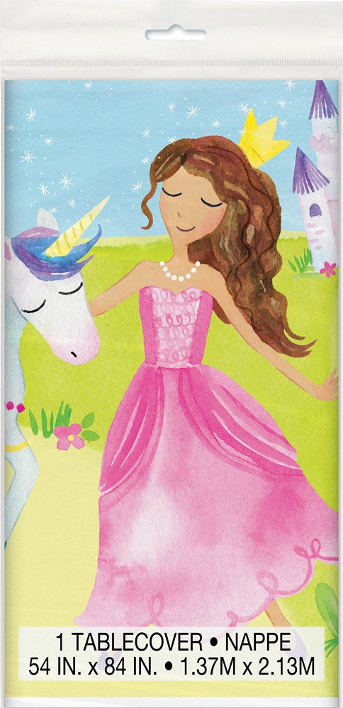 Pink princess princess dress tablecover with princess, unicorn, castle, and stars design.