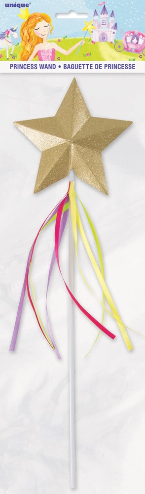 Gold star-shaped wand with long pink, red, and yellow ribbons trailing from the base on a white stick.
