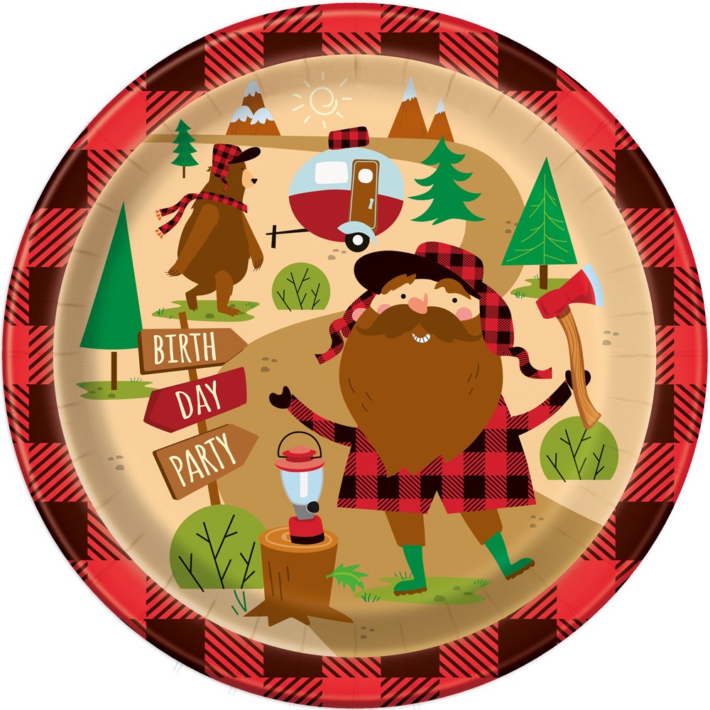 Round paper plate with red and black buffalo plaid rim, featuring a bearded lumberjack holding an axe, a brown bear, pine.