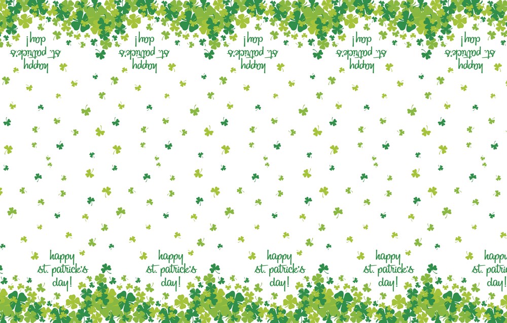 White plastic tablecover with green shamrocks and a colorful rainbow shamrock border.