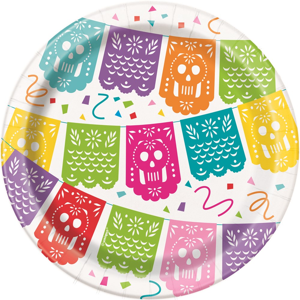 Round paper plate with colorful papel picado skull designs in purple, orange, green, yellow, red, and pink on white.