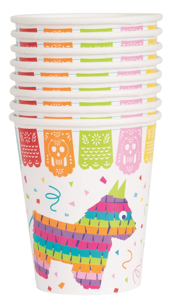 White 9oz paper cups with colorful piñata and festive Mexican cutout designs, pack of eight.
