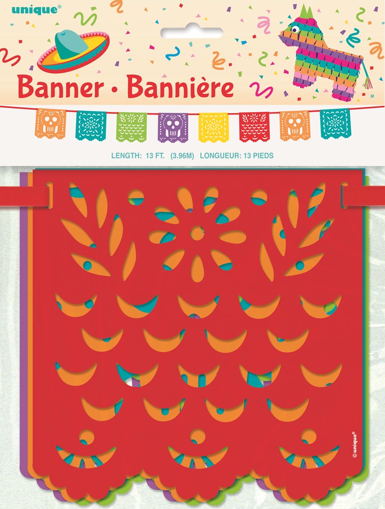 Colorful rectangular paper banner with red background, featuring orange, yellow, and green cut-out patterns and scalloped.