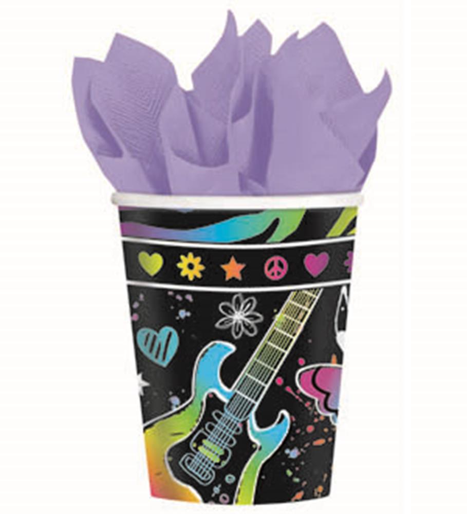 Black party cup with colorful electric guitar, hearts, peace sign, sun, and music-themed designs, filled with purple tissue.