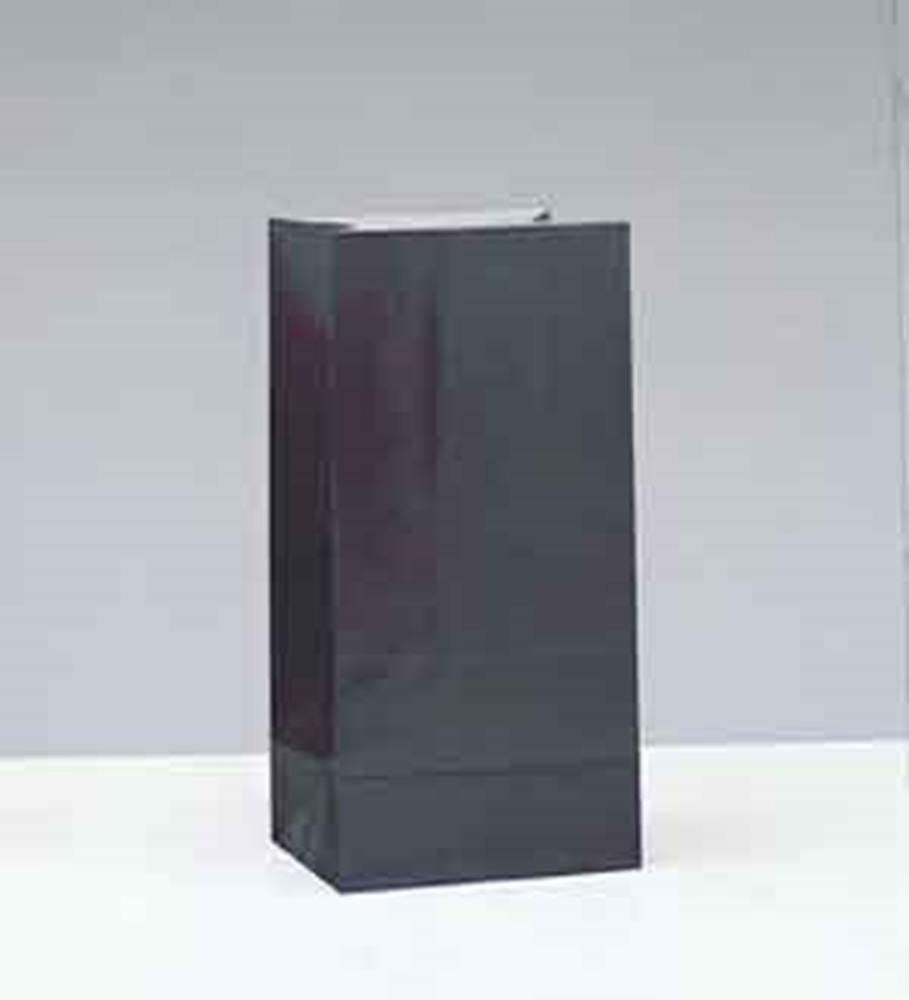 Black glossy paper party bag with rectangular base and open top.