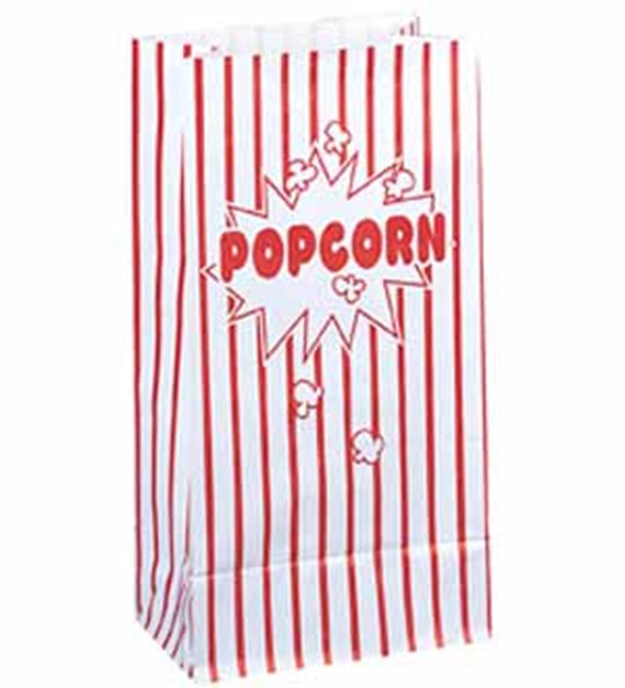 White paper popcorn bag with vertical red stripes and red popcorn graphic and text on front.