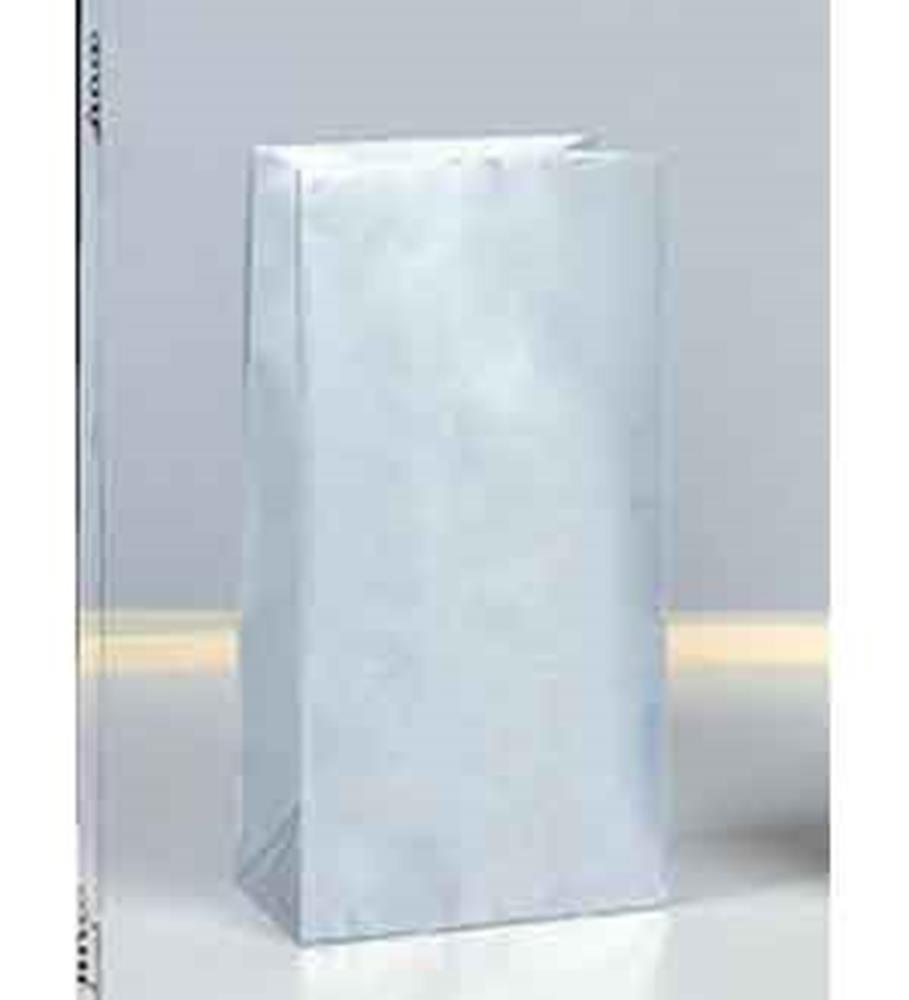 Set of ten silver glossy paper party bags with rectangular base and flat sides.