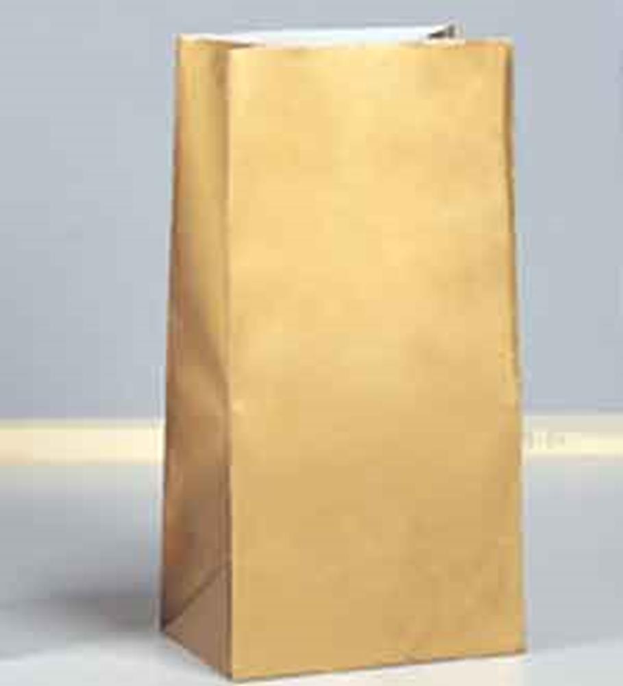 Tall, rectangular gold paper party bag with a flat bottom and smooth matte finish.