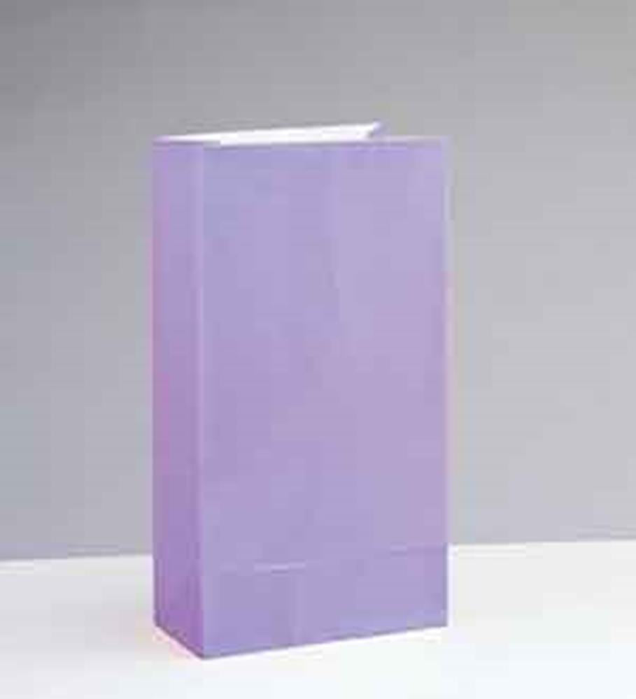 Lavender rectangular paper party bag with flat bottom and open top, smooth finish.