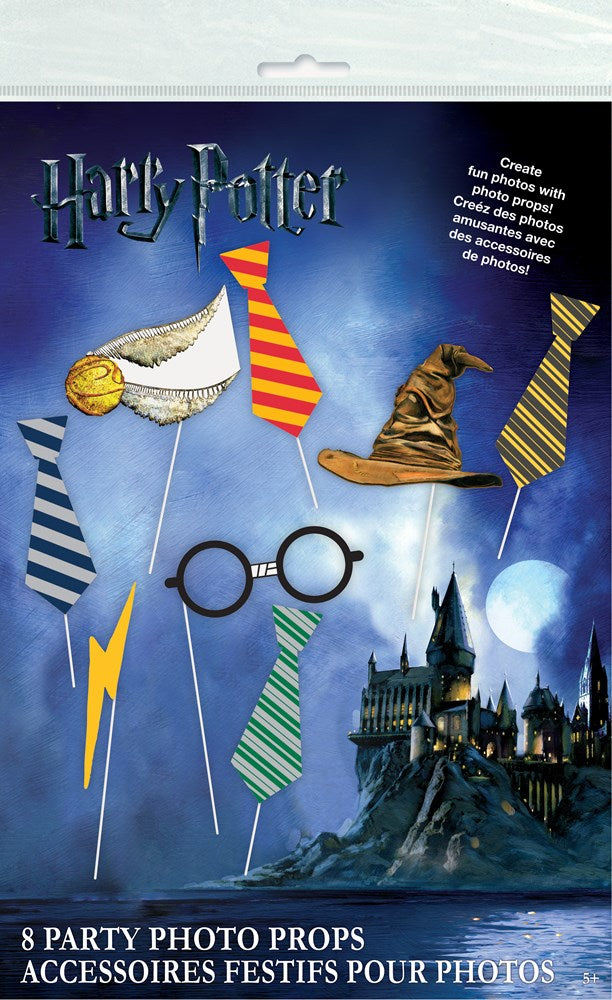 Eight Harry Potter-themed photo props including glasses, lightning bolt, Sorting Hat, Golden Snitch, and four striped house.
