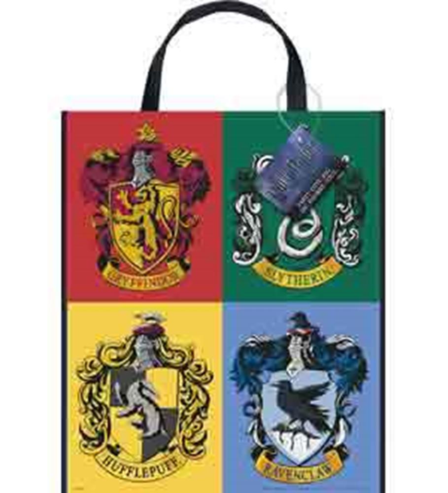 Harry Potter tote bag with red, green, yellow, and blue panels featuring Gryffindor, Slytherin, Hufflepuff, and Ravenclaw.