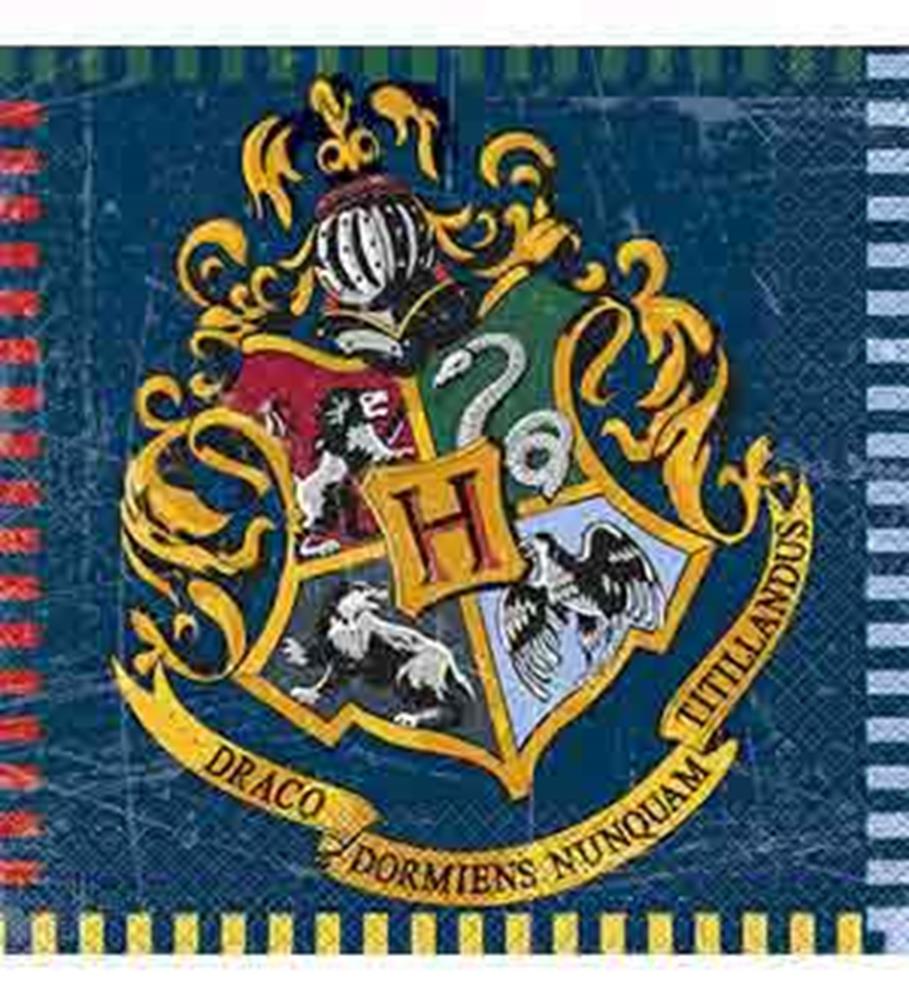 Square blue paper napkins featuring a vibrant Harry Potter Hogwarts crest with gold, red, green, and silver details.