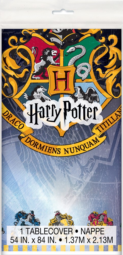 Harry Potter tablecover with Hogwarts crest in red, green, yellow, and black on a blue background, 54x84 inches.