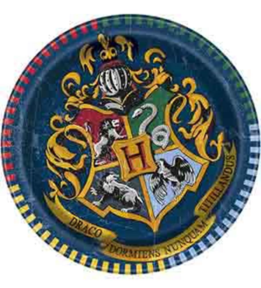 Round paper plate with Hogwarts crest featuring red, yellow, blue, and green colors and "Draco Dormiens Nunquam Titillandus"