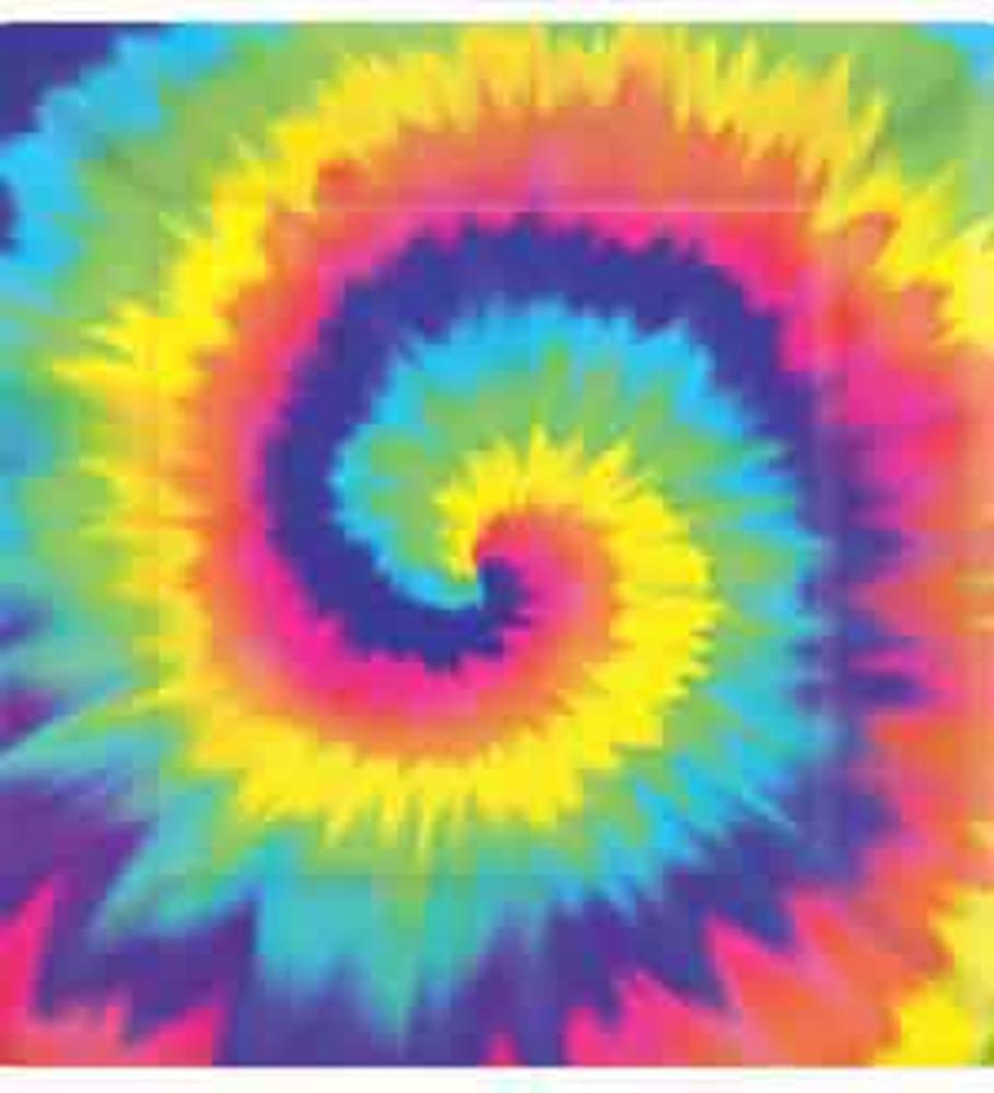 Large round paper plate with vibrant rainbow tie-dye spiral pattern in red, yellow, green, blue, and purple.