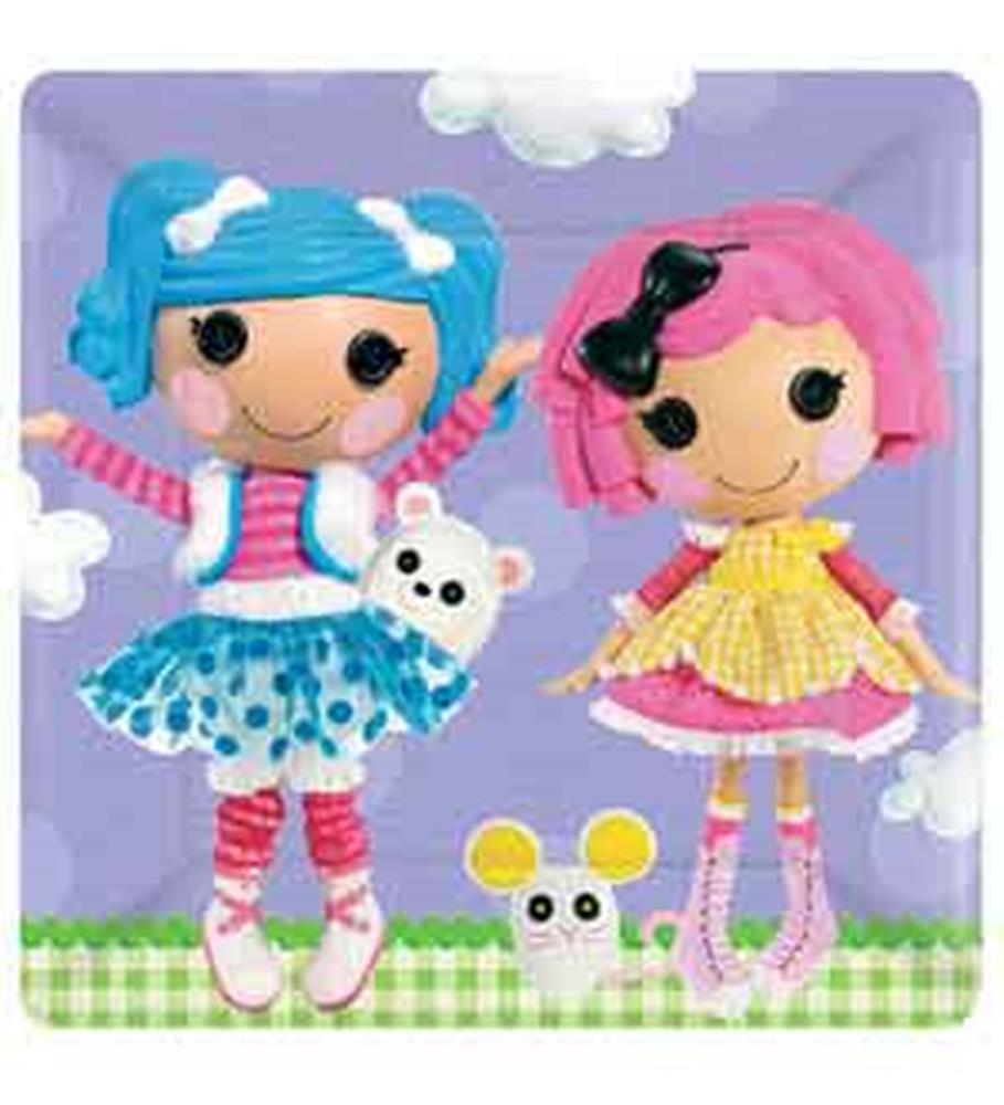 Square purple plate with clouds featuring two colorful Lalaloopsy dolls, one with blue hair and polka dot skirt, the other.
