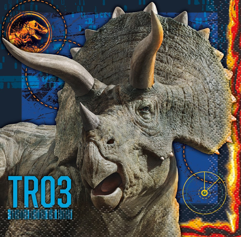 Pack of small paper napkins featuring a close-up dinosaur face on a blue and fiery orange background.