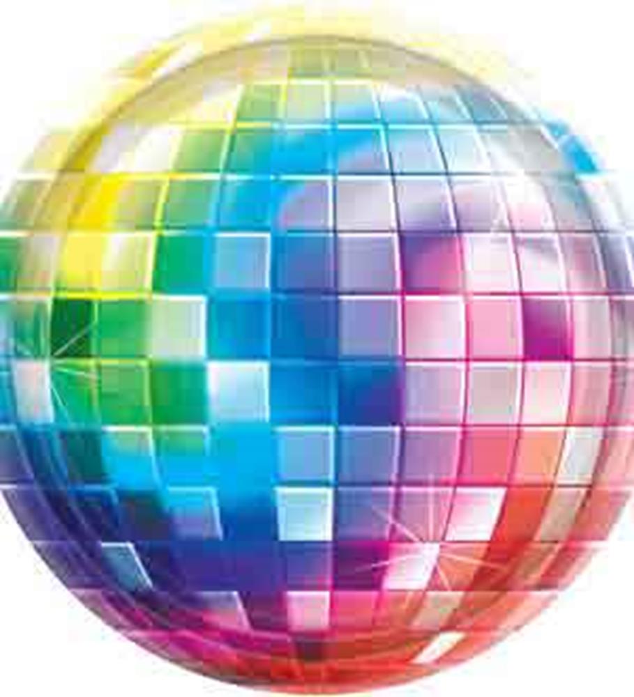 Round glossy plate with a colorful disco ball pattern in shades of blue, purple, pink, and yellow.