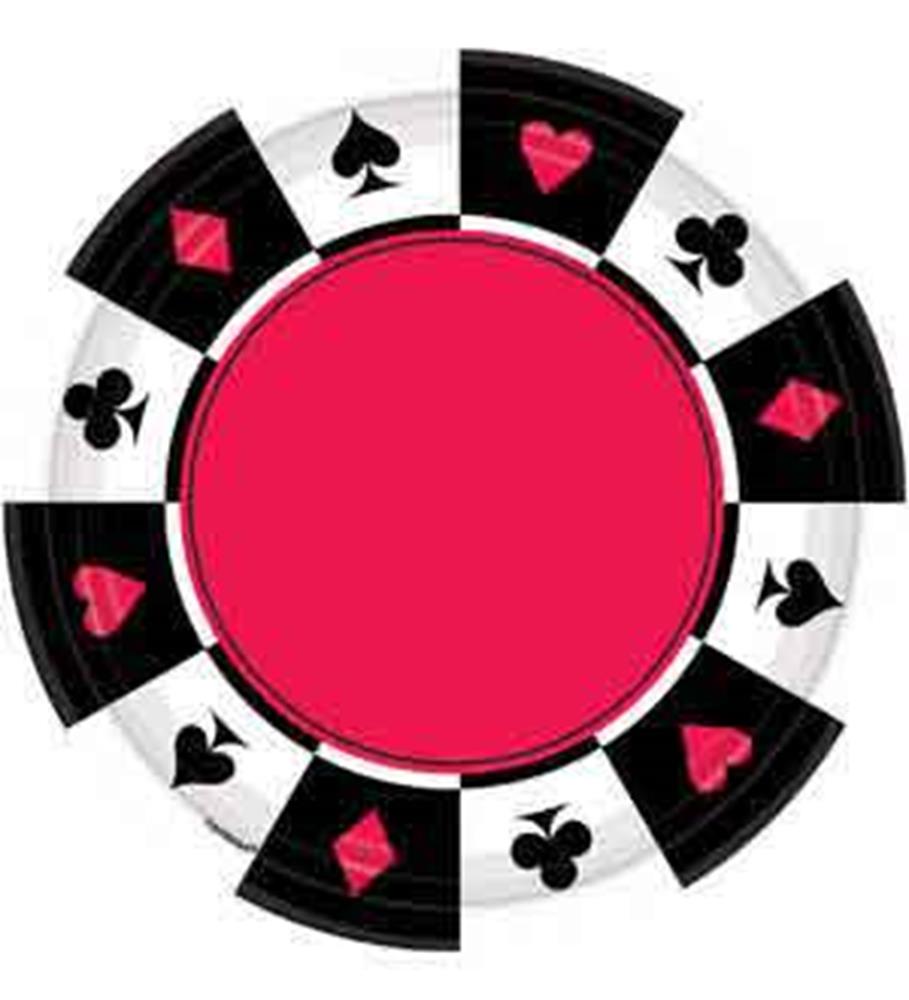 Round red plate with black and white poker chip design featuring red hearts and diamonds, black clubs and spades.