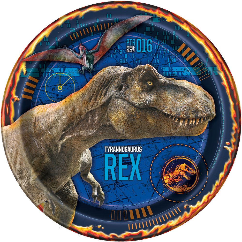 Round paper plate with a detailed brown T-Rex illustration on a blue and orange tech-inspired background, flame-edged.