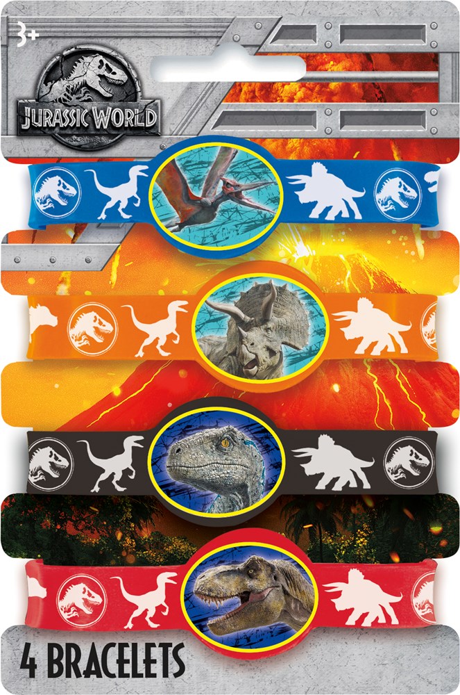 Four colorful stretchy Jurassic World 2 bracelets featuring dinosaur silhouettes and character images, designed for kids.