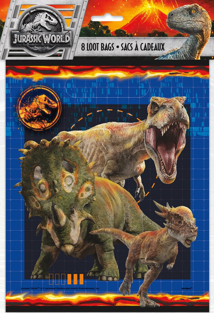 Set of eight rectangular loot bags featuring colorful Jurassic World T-Rex and dinosaurs on a black background.