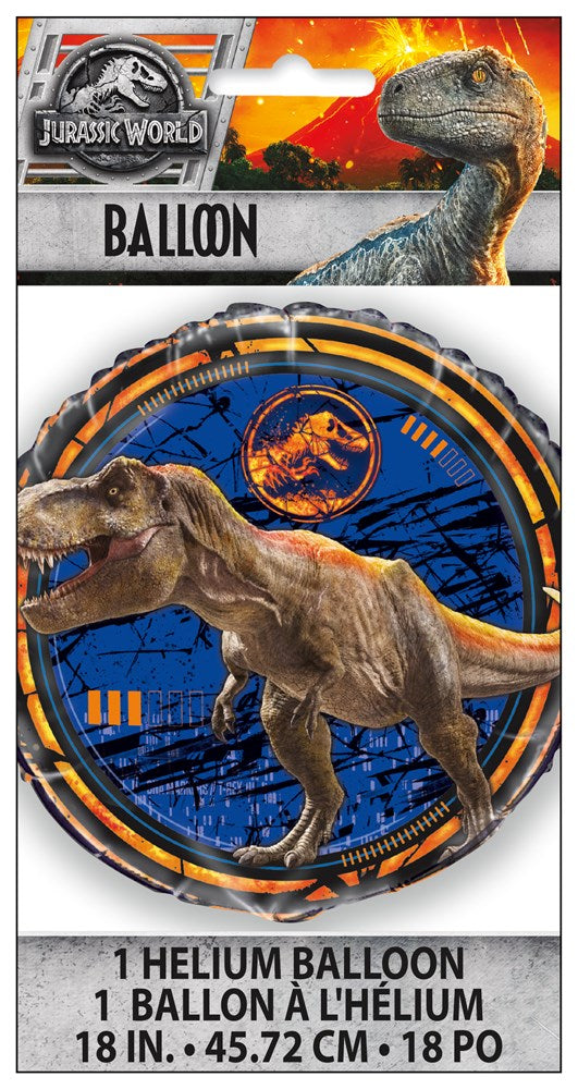 Round 18-inch foil balloon featuring a roaring brown T-Rex with blue and orange Jurassic World logo background.