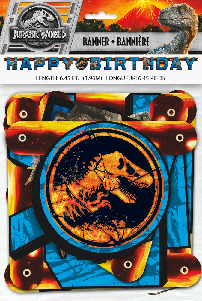 Large jointed birthday banner with "Happy Birthday" in blue dinosaur-themed letters, featuring orange and blue geometric.