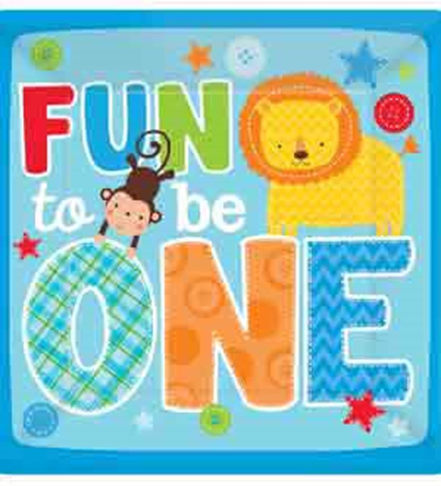 Blue square paper plate with colorful "Fun to be One" text and cartoon lion and monkey designs.