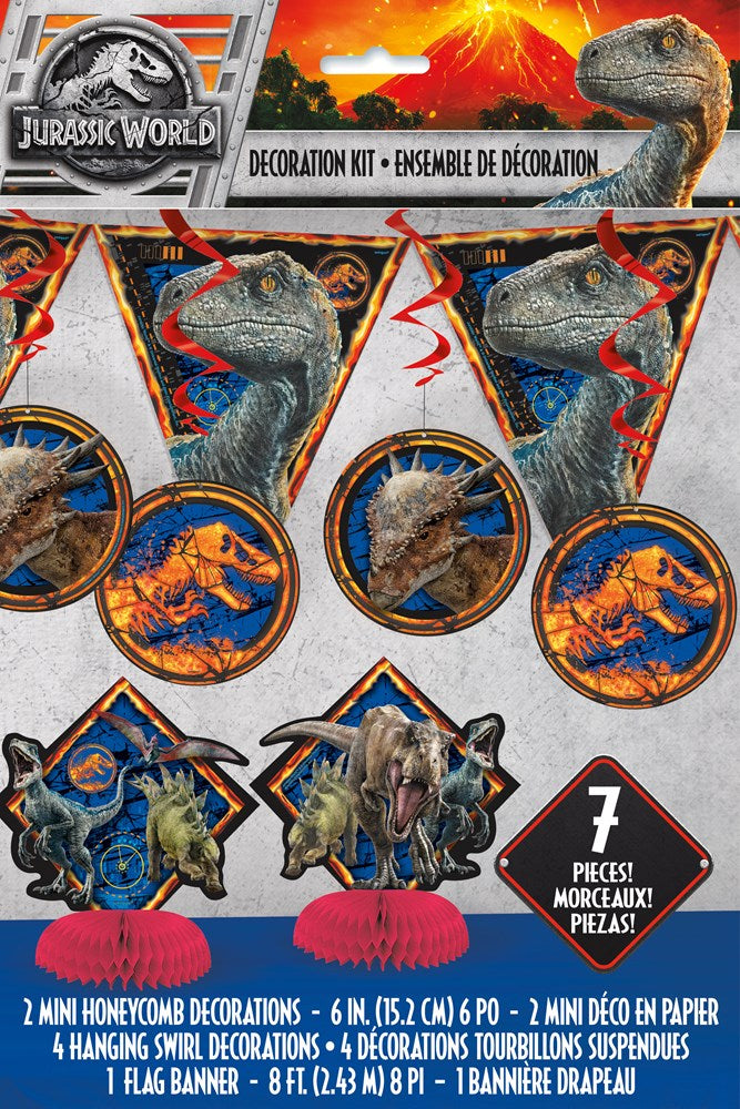Jurassic World 2 7-piece party decorating kit with colorful dinosaur-themed honeycomb and paper fan decorations, flags, and.