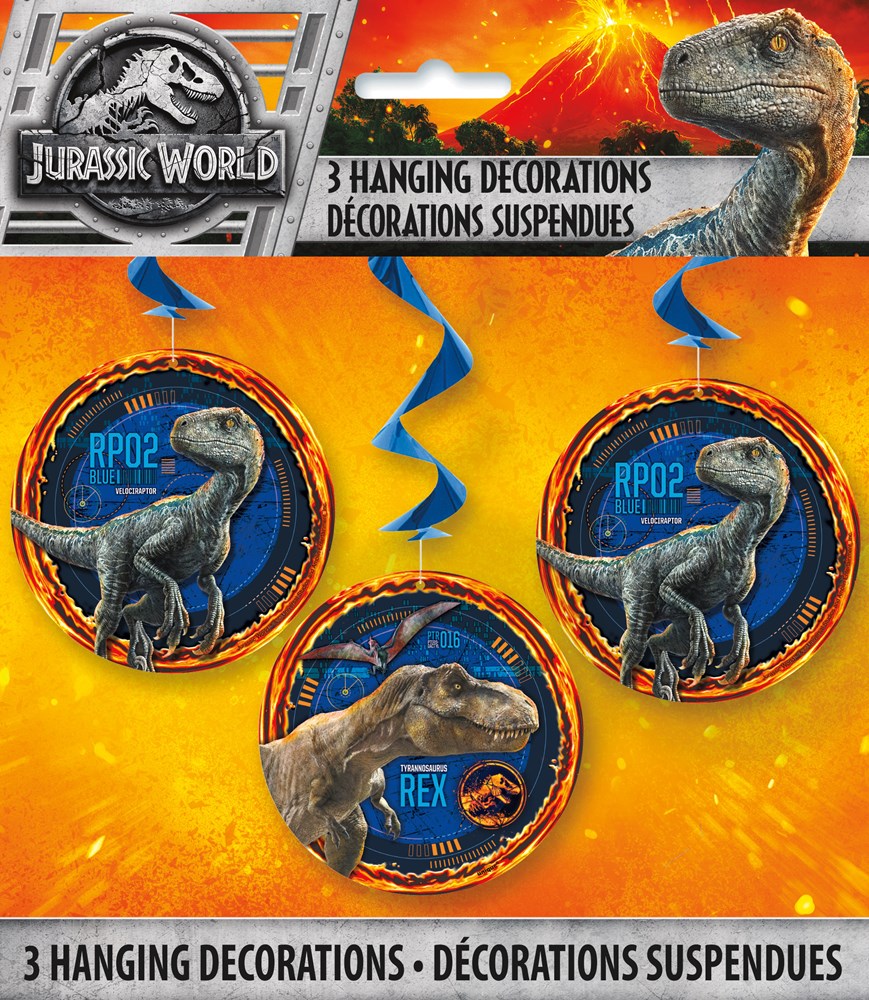 Set of three 26-inch blue spiral hanging decorations with Jurassic World dinosaur images and logos.
