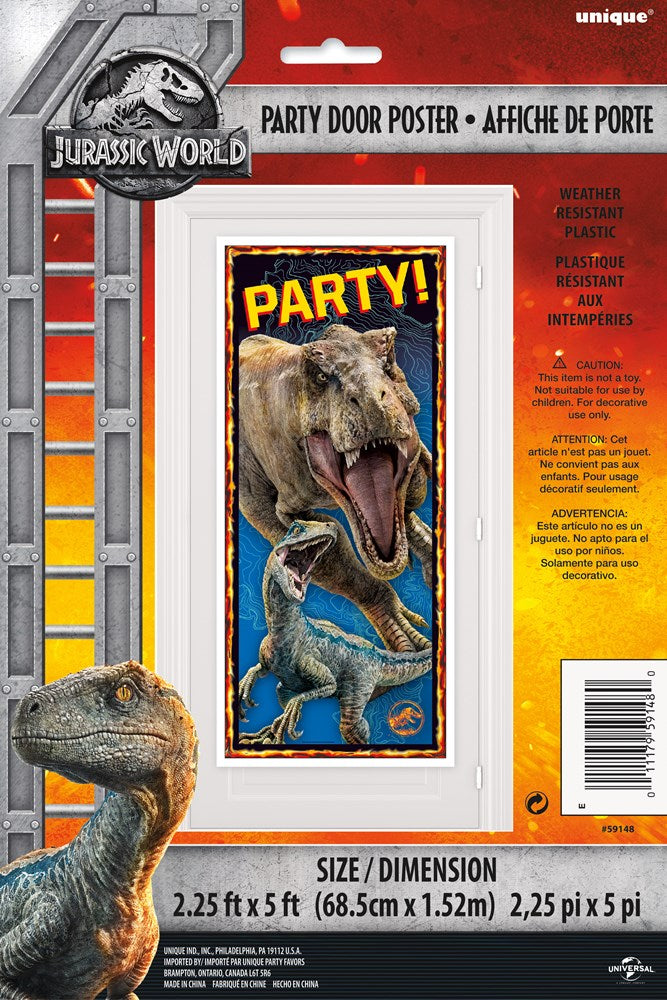 Jurassic World door poster 27x60 inches with colorful dinosaur friends and PARTY! text in yellow on black background.
