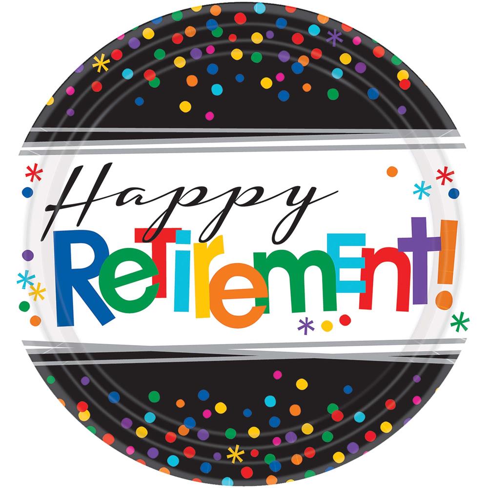 Round 10.5-inch paper plate with colorful confetti border and "Happy Retirement!" text in multicolored letters.