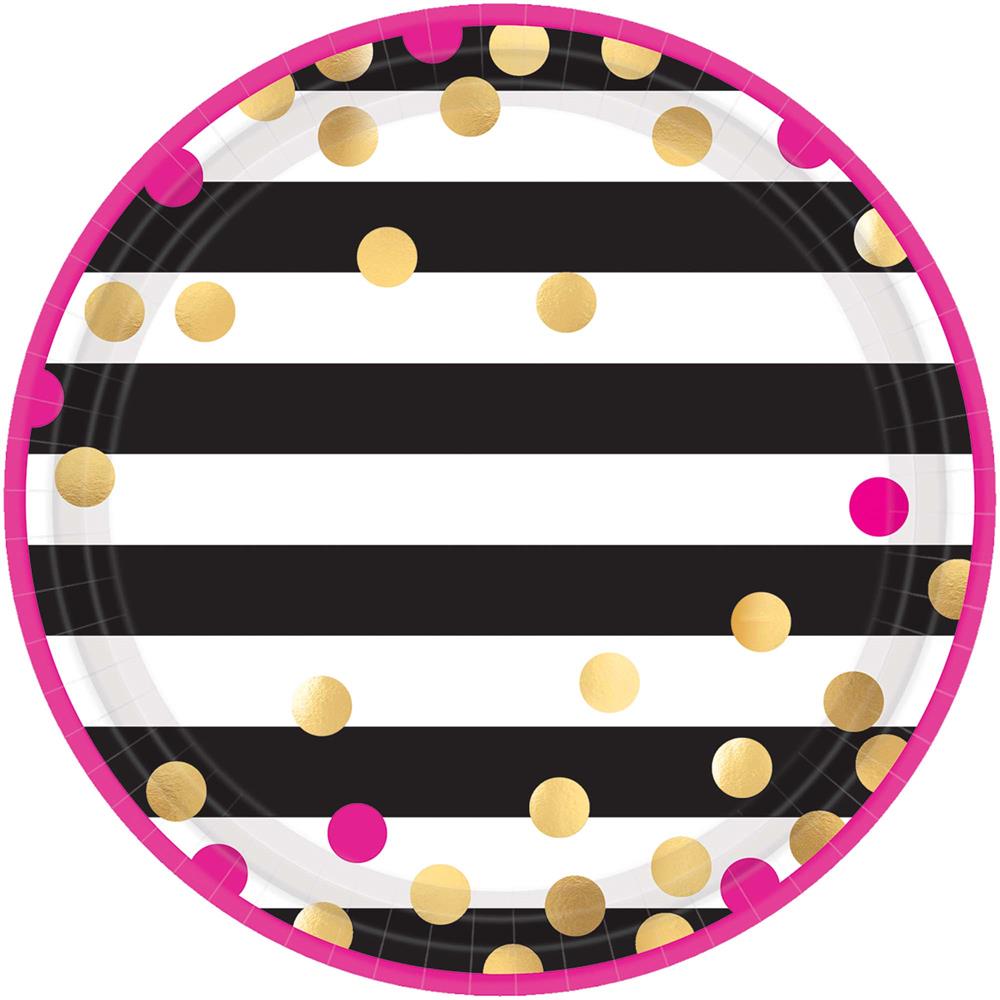 Round plate with black and white stripes, pink border, and gold and pink polka dots.